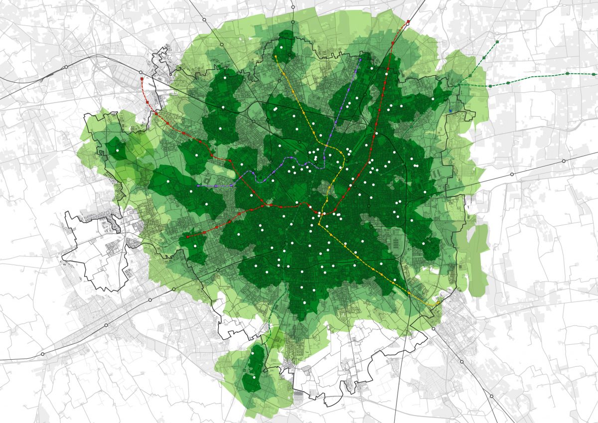 Accessibilità ciclabile ai coworking di Milano (15 minuti). Elaborazione maudlab